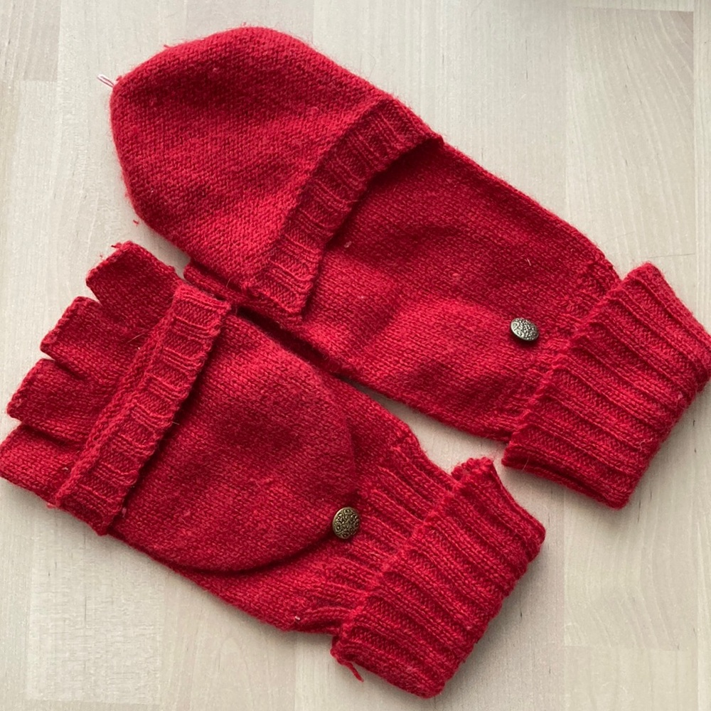 Red Knit Fingerless Mittens Gloves Wool